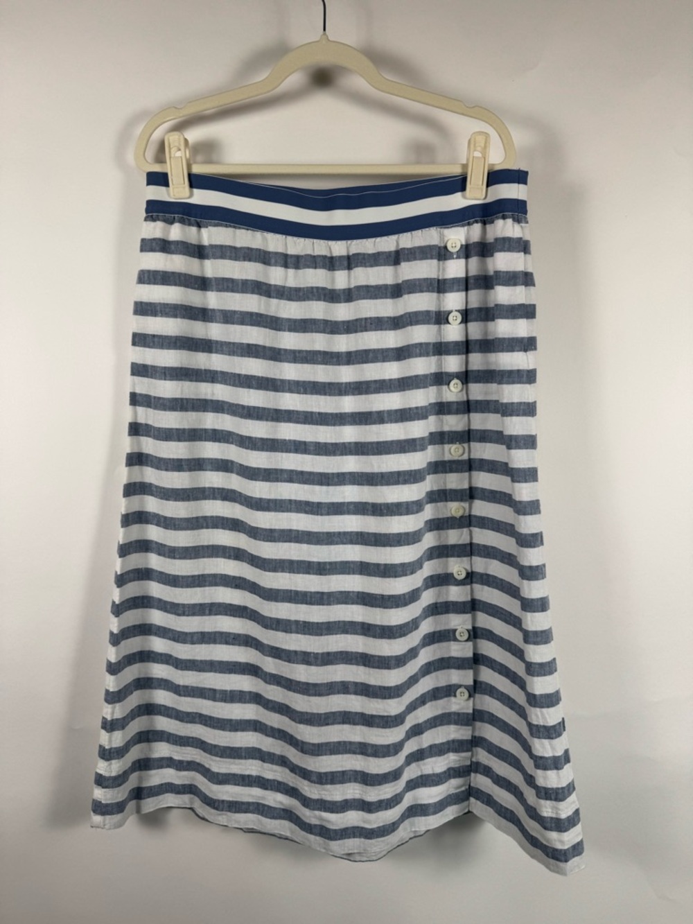 J. Jill Love Linen Seaside Striped Midi Skirt Blue White Button Side Coastal LP‎